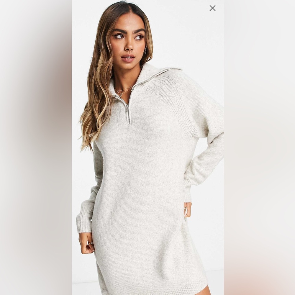 ASOS design knit mini dress with zip collar in oatmeal color